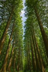 見上げる夏の杉林と青空の森林風景