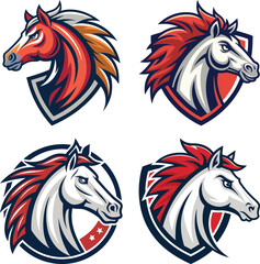 Horse head mascot, Elegant horse logo icons. Royal stallion symbol design. Equine stables sign. Equestrian brand emblems. Vector illustration.	