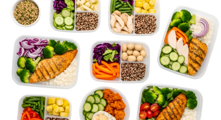 Top View of Healthy Meal Prep Containers with Protein, Vegetables and Grains