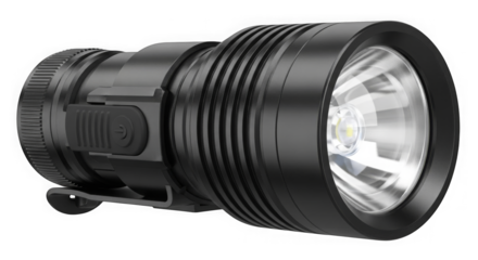 A high powered flashlight with bright illumination, in a product shot style.