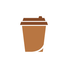 Brown coffee cup with lid on white background.