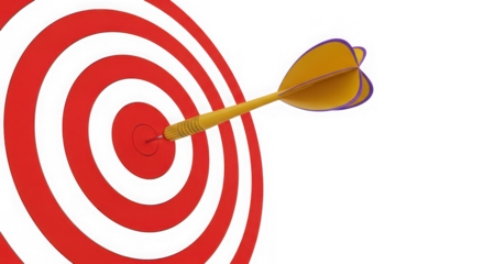 Ai generated image of yellow dart hitting the bullseye of a red and white target isolated on transparent background