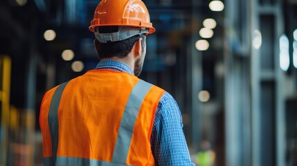 A man in a hard hat and safety vest standing in a warehouse.