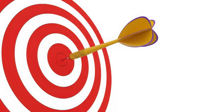 Ai generated image of yellow dart hitting the bullseye of a red and white target isolated on transparent background