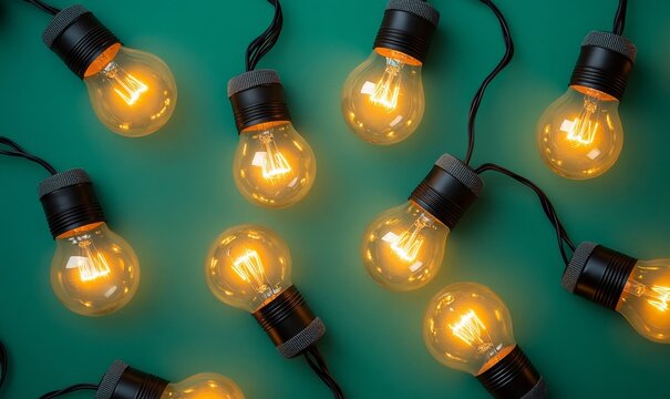 Top view of modern light bulbs with fabric electrical cables arranged neatly on a plain English green background, highlighting design and presentation, Generative AI