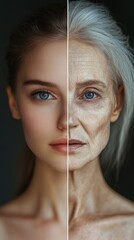 Beautiful womans face, with a split portrait showing both youth and old age, symbolizing a timeless beauty concept, Generative AI