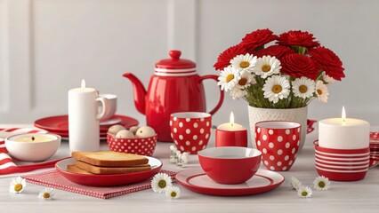 Still life with red teapot, polka dot mugs, candles, and daisies on a white table surface