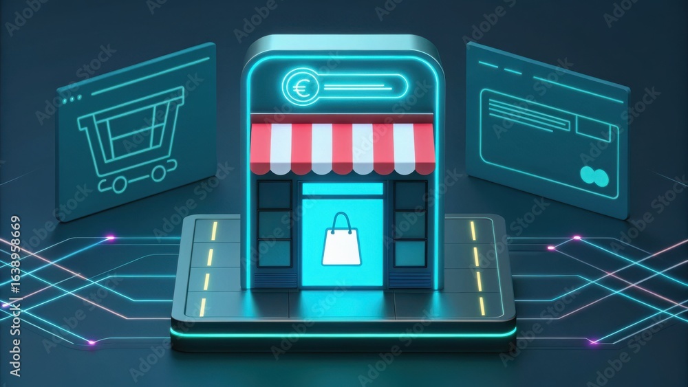 Poster e wallet integration concept. digital storefront with shopping cart and payment icons in a modern de