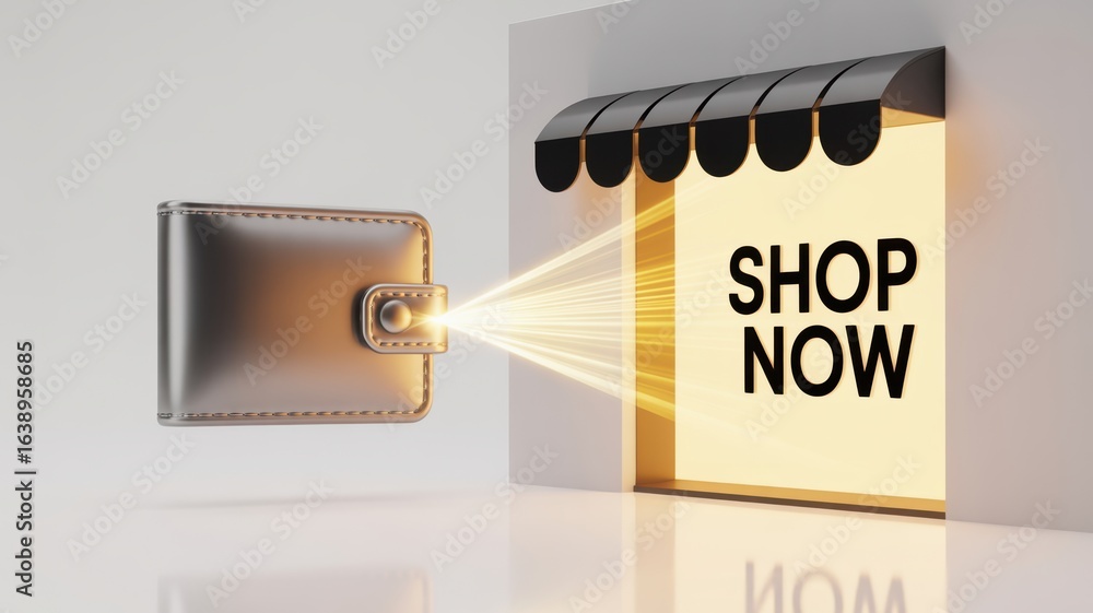 Poster e wallet integration concept. shopping concept featuring a wallet and a storefront with 