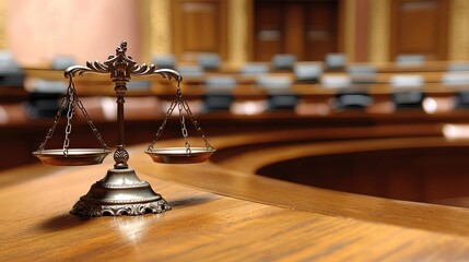 A wooden desk with a metal scale on it in a courtroom setting.