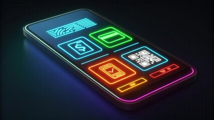e wallet integration concept. Futuristic phone with illuminated icons showcasing various digital functions.
