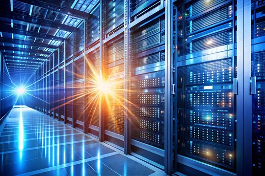 View of the inside of a data center, rows of servers storing and processing digital information