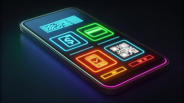 e wallet integration concept. Futuristic phone with illuminated icons showcasing various digital functions. - Powered by Adobe
