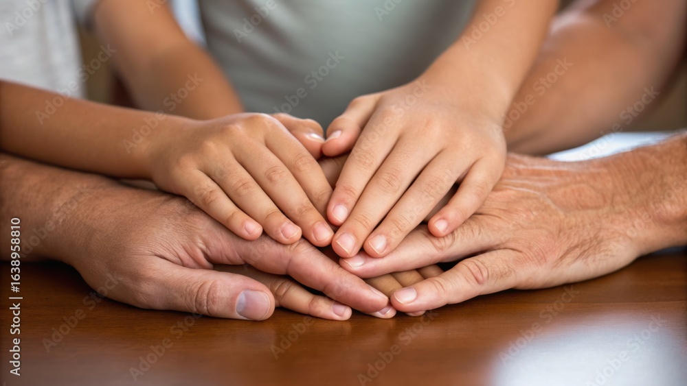 Poster multiple hands of different ages stacked together on a table, symbolizing unity and family connectio