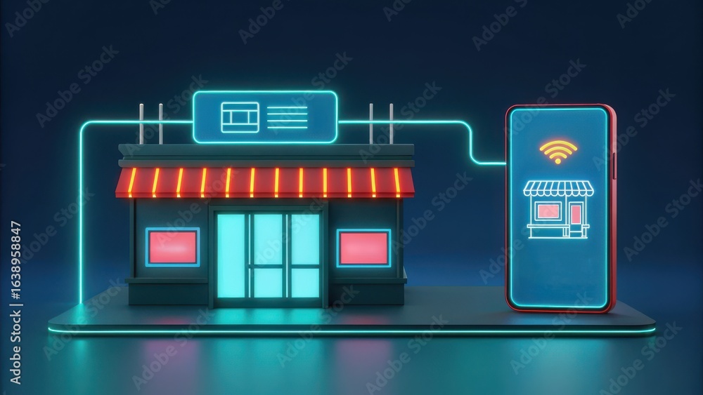 Poster e wallet integration concept. modern storefront connected to a smartphone, showcasing digital commer