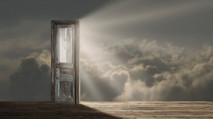 Aged wooden door opens to a sky full of clouds illuminated by light.