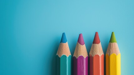 Four colored pencils on a blue background.