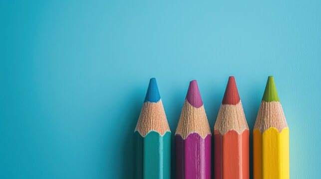 Four colored pencils on a blue background.