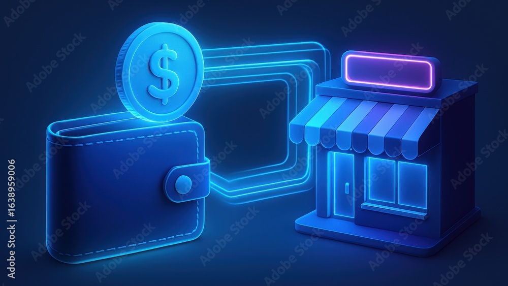 Poster e wallet integration concept. digital illustration of a wallet and store with a dollar sign, symboli