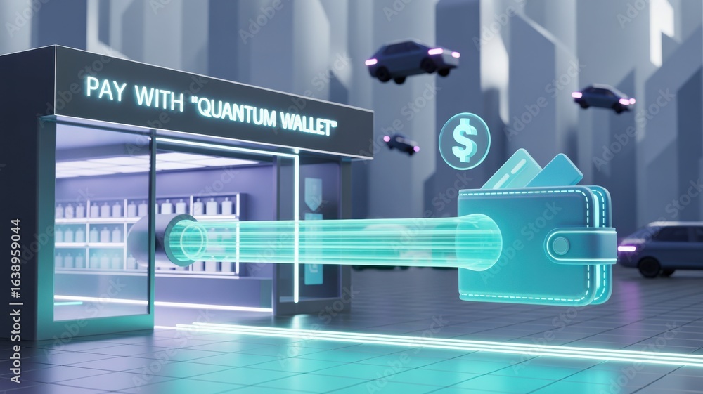 Poster e wallet integration concept. futuristic scene depicting quantum wallet payments in a digital store 