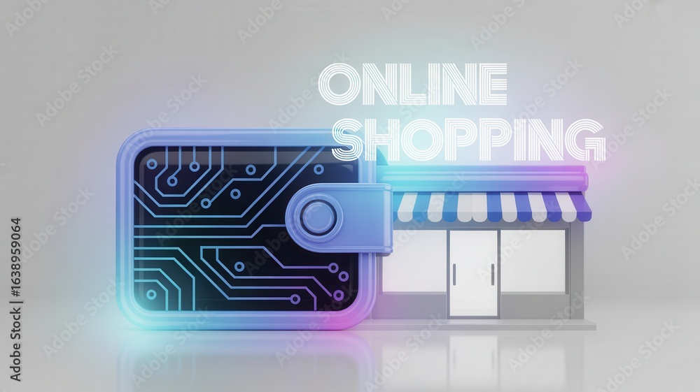Poster e wallet integration concept. digital wallet symbolizing online shopping with a storefront backdrop.