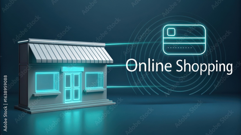 Poster e wallet integration concept. 3d representation of a shop with online shopping text and credit card 
