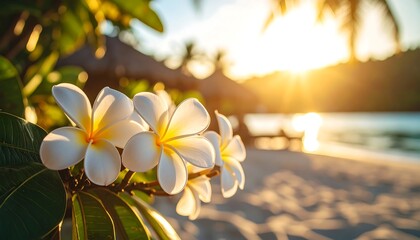 Tropical sunset beach scene with white flowers in focus