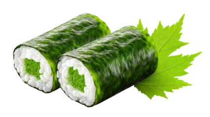 Green sushi roll isolated on transparent background with fresh leaf for healthy food