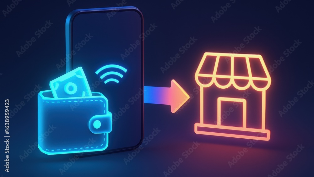 Poster e wallet integration concept. digital wallet concept transferring money to a store with neon visuals