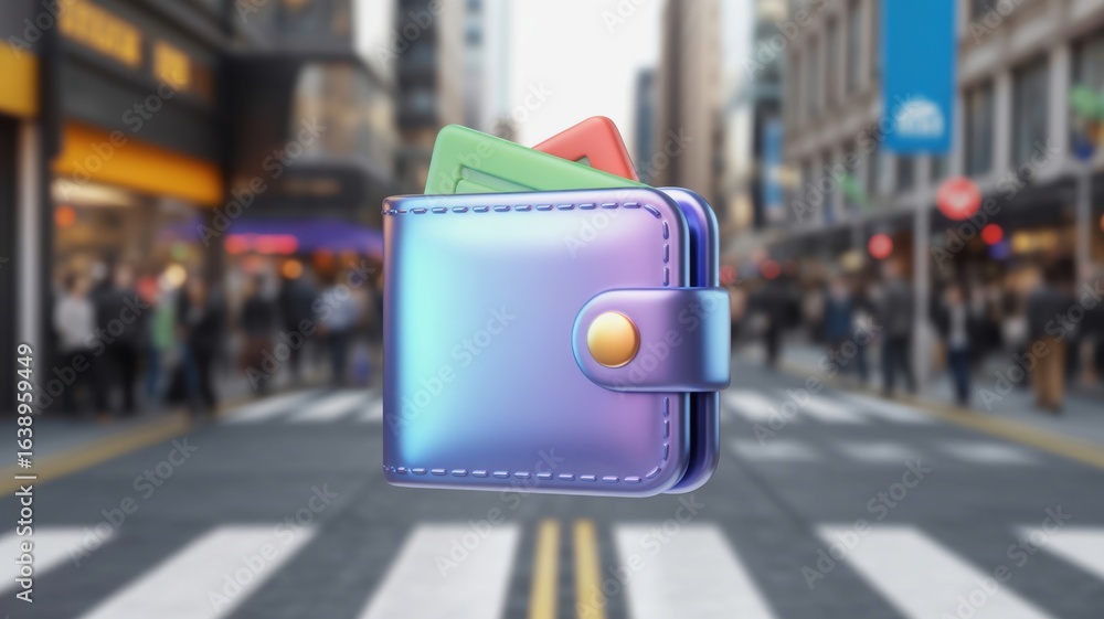Poster e wallet integration concept. digital wallet floating over a busy city crosswalk with people in the 