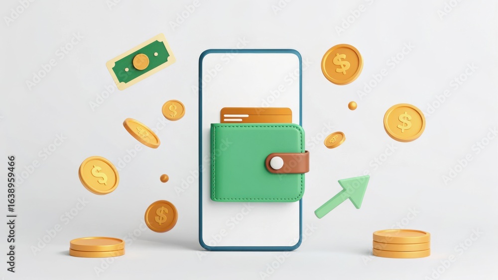 Poster e wallet integration concept. digital wallet with cash and coins representing online transactions an