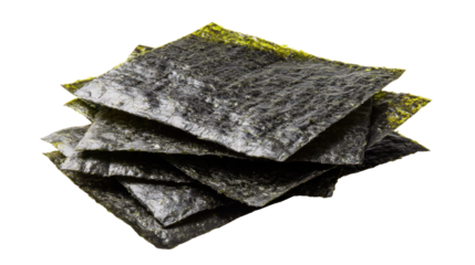 Dried seaweed sheets isolated on transparent background with natural texture and dark green color