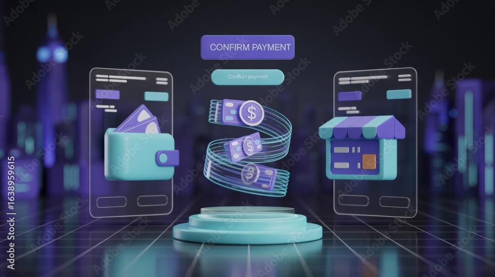 Poster e wallet integration concept. digital payment confirmation graphic with mobile devices and currency 