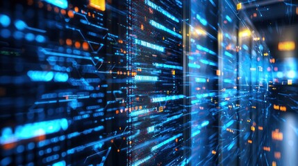 A digital server room with blue and orange lights, representing the concept of data processing and technology.