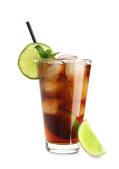 Glass of cold Cuba Libre cocktail with mint and lime on white background