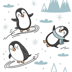 Fototapeta premium Humorous seamless pattern featuring clumsy cartoon penguins in silly poses 