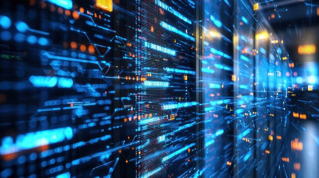 A digital server room with blue and orange lights, representing the concept of data processing and technology.