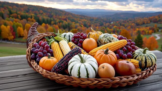 Abundant Harvest: A cornucopia overflowing with autumnal produce against a backdrop of vibrant fall foliage and rolling hills, thanksgiving day or Lughnasadh holidays.