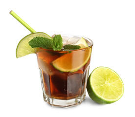 Glass of cold Cuba Libre cocktail with mint and lime on white background