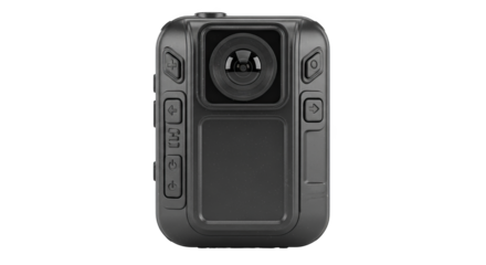 Close-up shows gray body camera with buttons, lens, power and controls.
