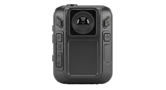 Close-up shows gray body camera with buttons, lens, power and controls.