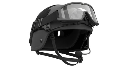 Fototapeta premium Close-up product rendering of a dark grey tactical helmet and goggles gear.