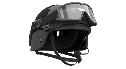 Close-up product rendering of a dark grey tactical helmet and goggles gear.