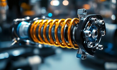 Close-up of a shock absorber strut with coil spring from a modern cars suspension system, highlighting its design and functionality, Generative AI
