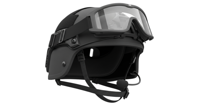 Close-up product rendering of a dark grey tactical helmet and goggles gear.