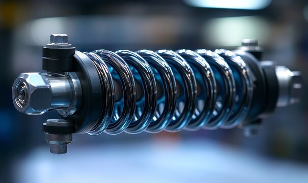 Close-up of a shock absorber strut with coil spring from a modern cars suspension system, highlighting its design and functionality, Generative AI
