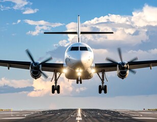 Twin-engine turboprop airplane on final approach, landing gear down, against a dramatic sunset sky