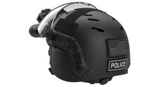 High-resolution image showcasing a tactical helmet, visor, and night vision.