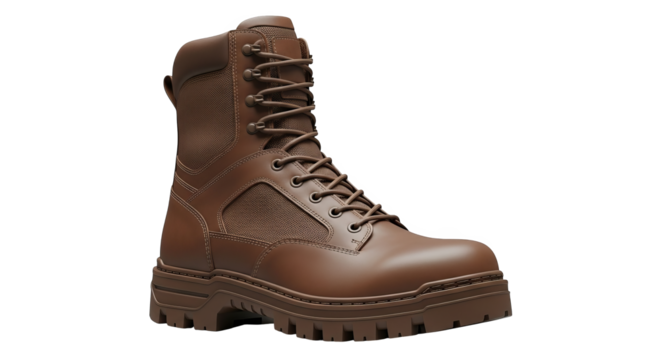 Detailed brown leather work boot showcases rugged design and durable construct.