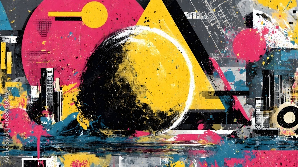 Poster a dynamic multicolored abstract composition featuring bold geometric shapes splashes of paint and a 